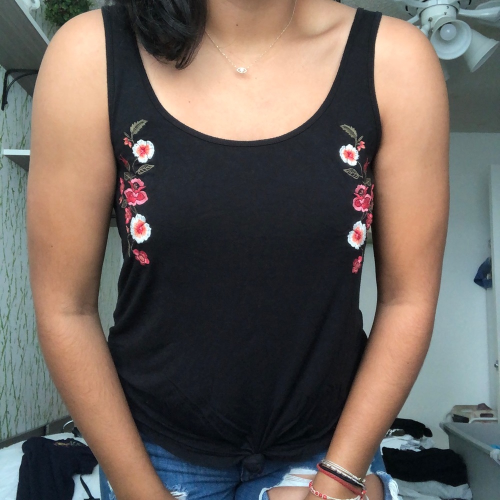 Black floral patch tank top
